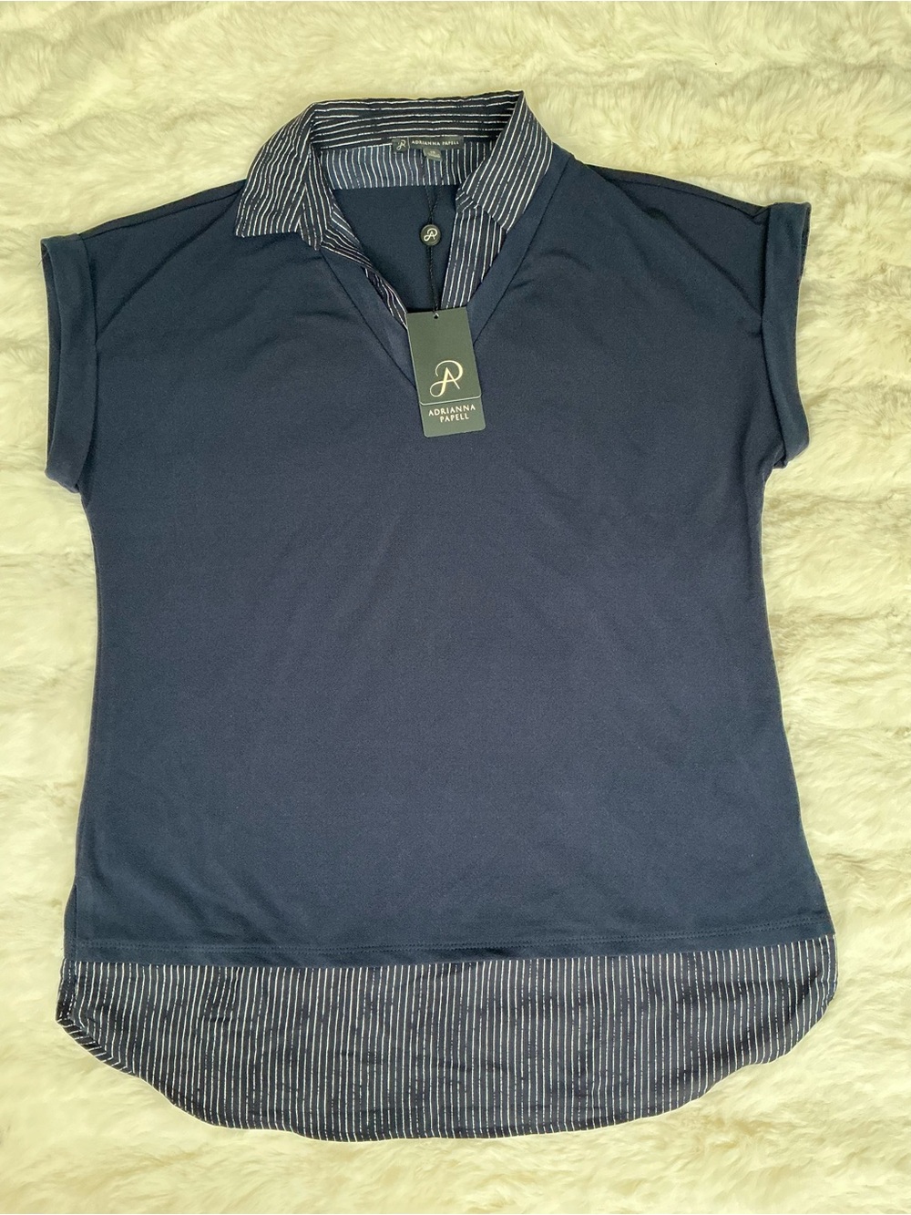 Adrianna Papell Navy Short-Sleeve Polo Top with Striped Trim - Picture 2 of 4